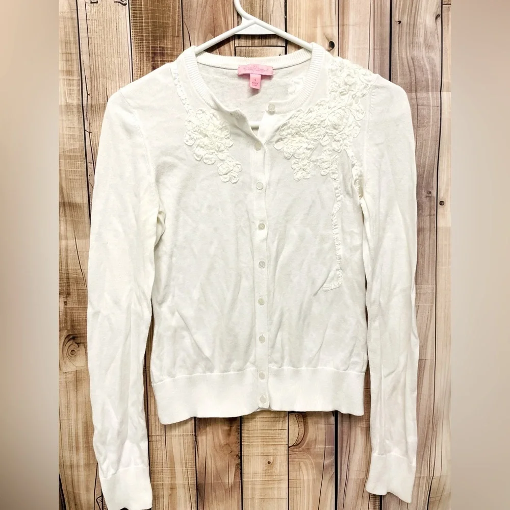 Lilly Pulitzer White Knit Cardigan with Floral Embroidery size S
